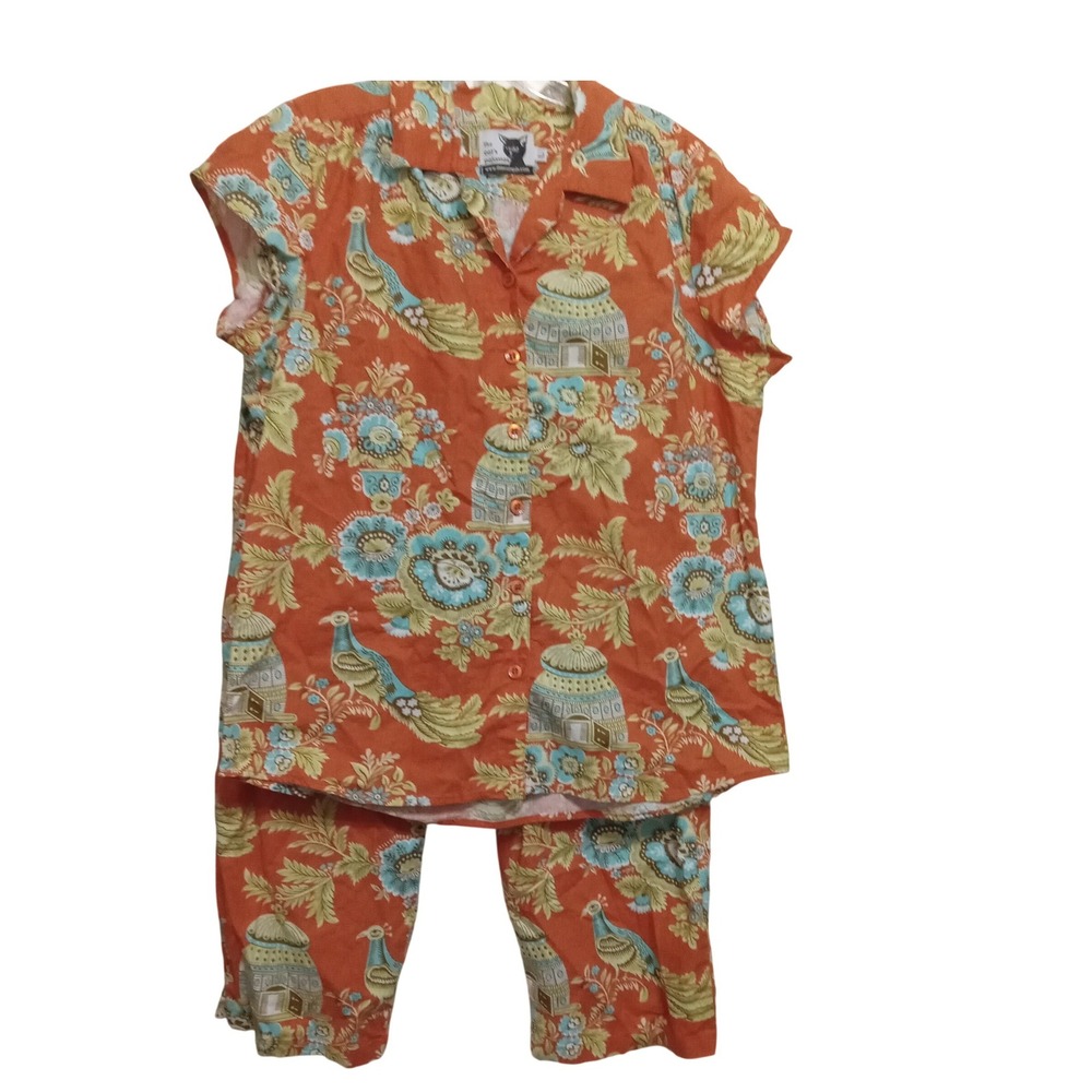 The Cat's Pajama Women Large Orange Peacock‎ Birdcage Cotton Set 2pc Loungewear